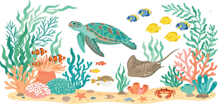 Colorful Underwater Ocean Scene Featuring Sea Turtle, Tropical Fish, Coral Reefs, Stingray, Starfish, and Marine Life Nature Illustration