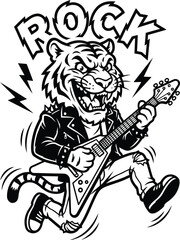 Fototapeta premium Rock Tiger Mascot Playing Guitar Cartoon Illustration with Music Theme