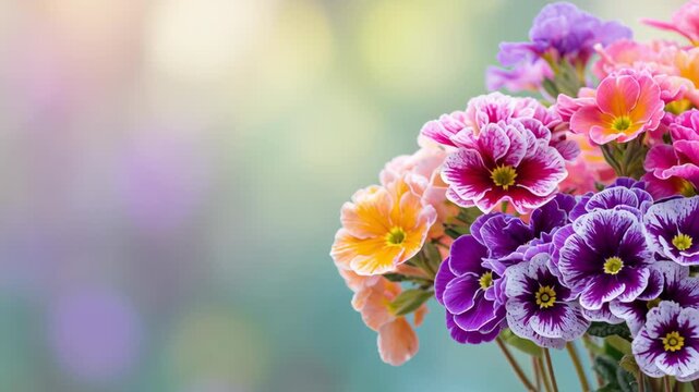 Flowers and Soft blur bokeh lights empty space for design. Colorful garden petunia bloom on beautiful blurred green nature background. Greeting card, banner, website header. Spring floral wallpaper.