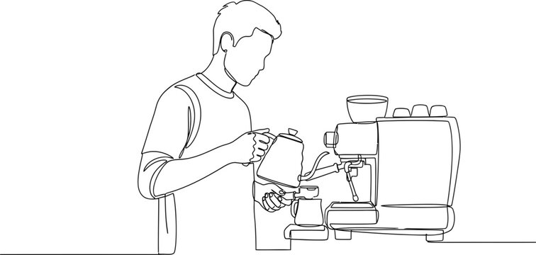 Barista making coffee with espresso machine, line art illustration