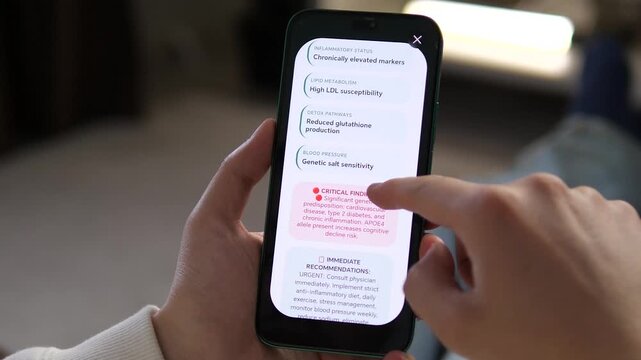 Modern user reviewing genetic health report on mobile app. Screen displays prediabetic markers and heart disease risk. Perfect for medical tech, wellness tracking, and diagnostic service commercials