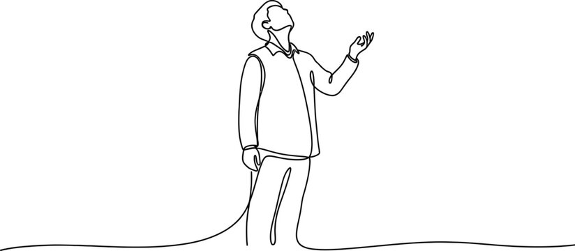Single line drawing of a man looking up with hand raised, minimalist, conceptual, white background.