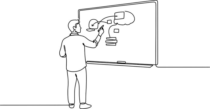 Man drawing flowchart on whiteboard, business strategy, planning, problem solving, brainstorming, teamwork