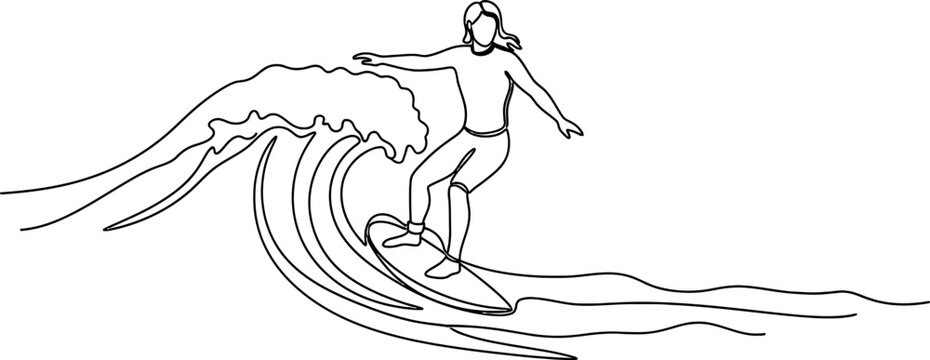 Surfer Riding Wave - Minimalist Line Art