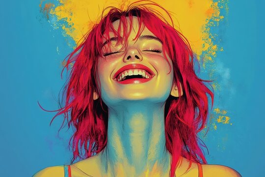Person laughing at a viral trend with bright colors and minimal background while enjoying the moment