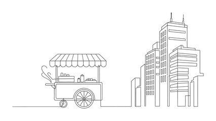 Naklejka premium Continuous line drawing of a food cart in front of city buildings.