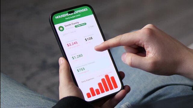 Close-up of a mobile budget tracker showing monthly spending and daily averages. POV of user analyzing financial charts and savings goals. Ideal for content about inflation, smart money management