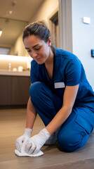 Fototapeta premium Young female cleaner in navy blue uniform kneeling on floor wiping wooden surface with white gloves and cloth in modern renovated bathroom. Professional post-renovation cleaning before client handover
