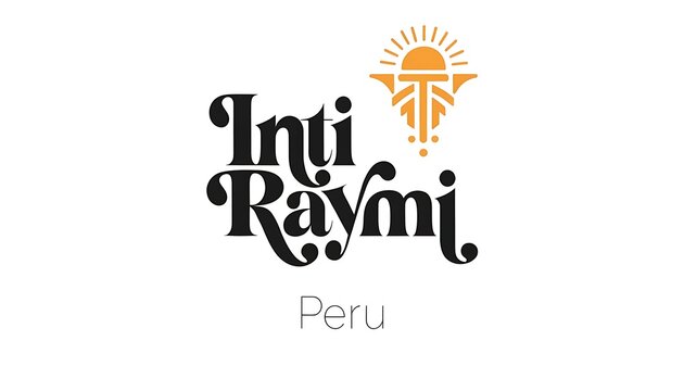 Inti Raymi logo, Peru festival symbol, sun icon, black and orange text