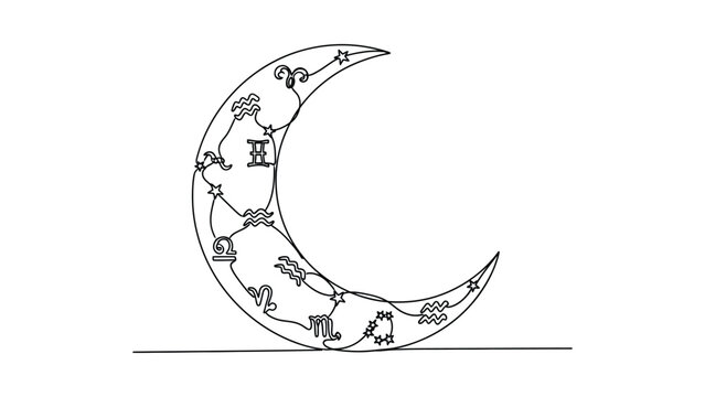 Crescent moon illustration featuring intricate zodiac constellations and astrological signs.