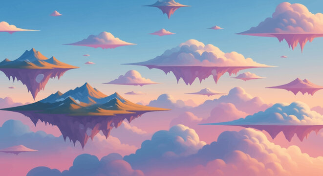 Floating Islands in Dreamy Sky with Pastel Clouds at Sunset