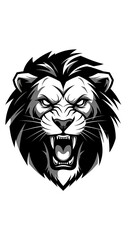 Obraz premium Roaring Lion Head Illustration in Black and White, Fierce Animal.