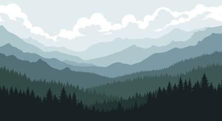Obraz premium Misty Mountain Range Landscape with Evergreen Forest and Clouds