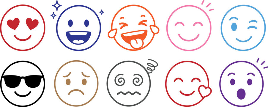 Collection of ten colorful line emoji expressing various emotions face expression happy