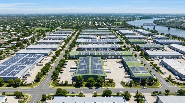 Green Energy Logistics Hub Solar Powered Commercial Warehouses Aerial