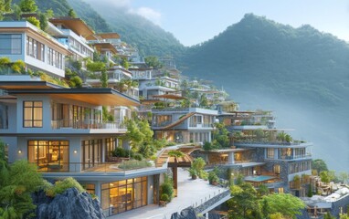 Fototapeta premium Luxury hillside villa cluster with modern architecture and nature view