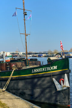 Historic IJsselstroom Ship Moored In A Dutch Canal, Reflecting Maritime Heritage And Traditional Watercraft, Water Transport, Nautical History, Wormerveer, Netherlands