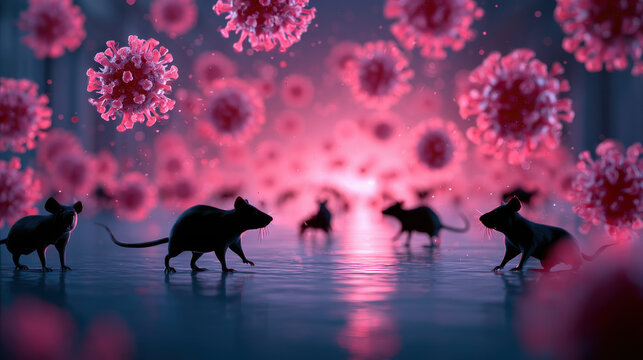 Mouse and virus particles, potential disease transmission concept, scientific research and outbreak danger