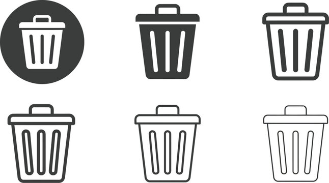 Trash can icons appear in various graphic styles for digital interface design projects and website development tasks.