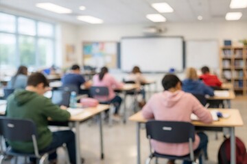 Fototapeta premium Students are focusing on their work at individual desks, creating a blurred background ambiance reflecting concentration and modern learning environment in a school setting