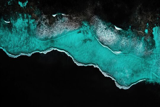 Turquoise sea against black background showing waves in minimal style and high resolution