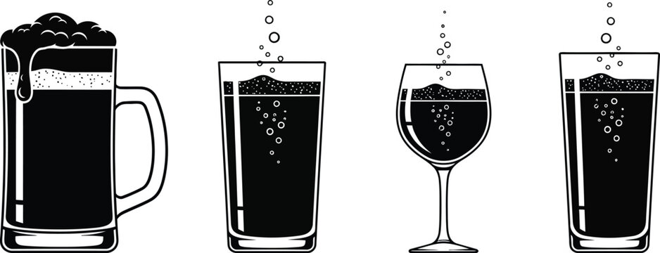 Black beverages in various glasses and a mug