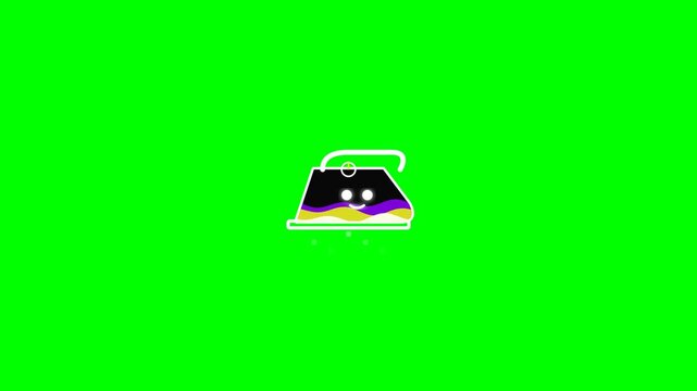 Dynamic and Colorful Stylized Electric Clothing Iron Graphic on a Bright Green Screen Background, Perfect for Representing Domestic Chores, Home Appliances, and Modern Laundry Efficiency Concepts