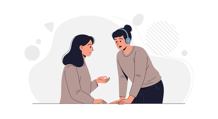 Fototapeta premium Two women talking, one wearing headphones, creative illustration
