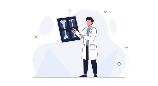Doctor showing X-ray of human bones in clinic, medical diagnosis, healthcare illustration concept
