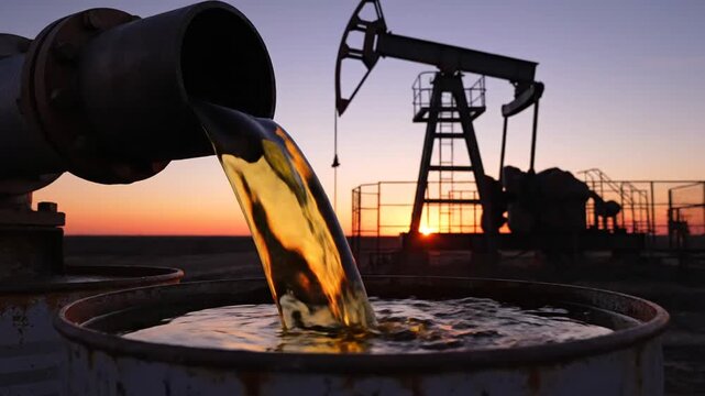 Golden crude oil flows from industrial pipe into metal drum container against silhouetted pumpjack during sunset fossil fuel extraction and petroleum production at dusk.