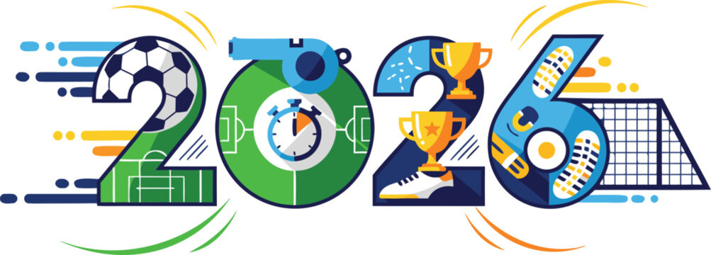 Colorful illustration of the year 2016 with sports themes soccer tennis and trophy