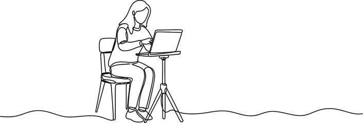 Obraz premium Continuous line drawing of a woman working on a laptop on a tripod.
