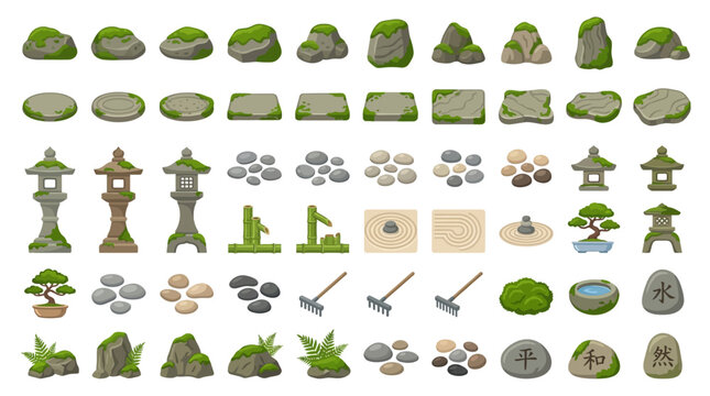 A vector illustration sheet of various decorative garden elements, including mossy stones, lanterns, plants, and tools, arranged neatly.