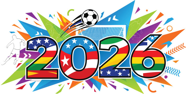 Vibrant 2026 graphic with soccer ball and flags on white background