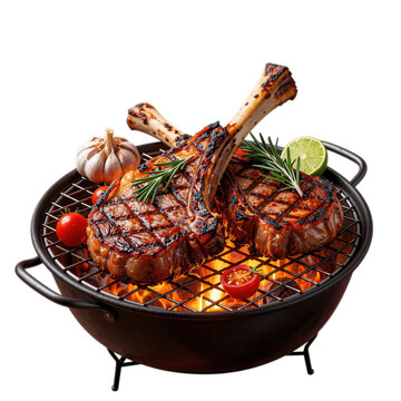 Grilled Steak with Herbs and Rosemary on Hot Grill Isolated on Transparent Background