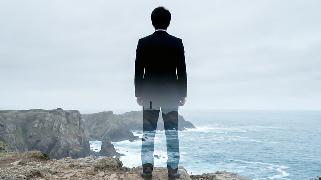 Businessman silhouette double exposure lighthouse cliff ocean overcast atmospheric vision leadership guidance perfect for corporate strategy recruitment brochure poster presentation banner mockup