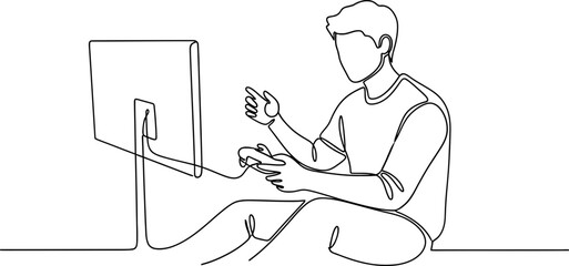 Man playing video game on computer with controller, continuous line drawing © keenan