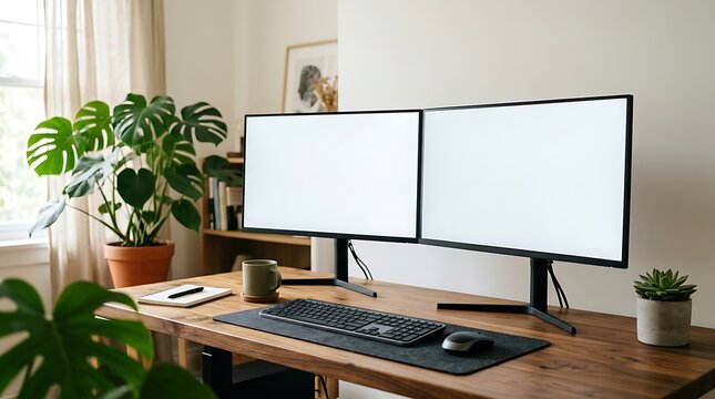 Blank Dual Monitor Screen Mockup on Wooden Home Office Desk &ndash; UI, App & Web Design Branding Asset for Digital Product Presentation