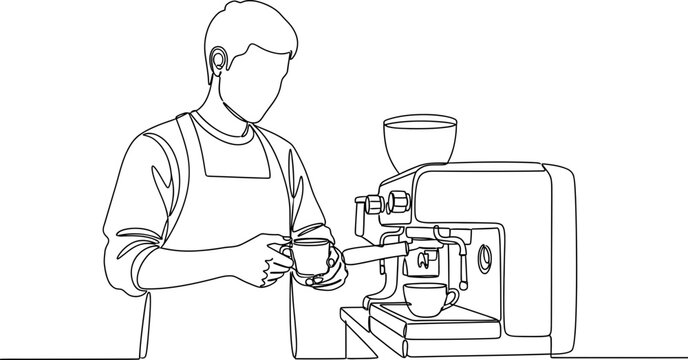 Barista preparing coffee with espresso machine, simple line art illustration