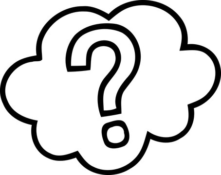 Hand-drawn question mark inside a thought bubble cloud, doodle style, uncertainty concept