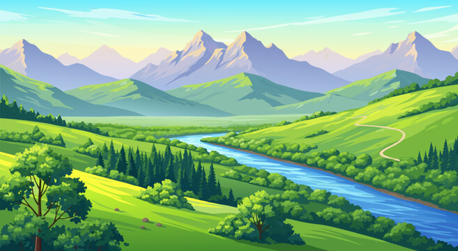 Beautiful mountain valley landscape with a winding river and green hills, vector illustration, serene natural scenery, perfect for digital art and graphic design projects