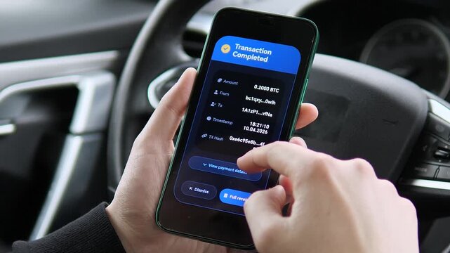Successful 0.2 BTC transaction on a smartphone inside a vehicle. High-quality fintech UI showcasing Bitcoin transfer details and blockchain network fees. Perfect for cryptocurrency, modern banking