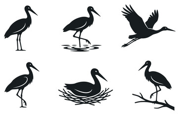 Fototapeta premium Black stork silhouettes in various poses like flying and nesting