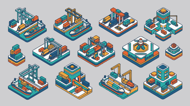 Isometric industrial machines and factory equipment.