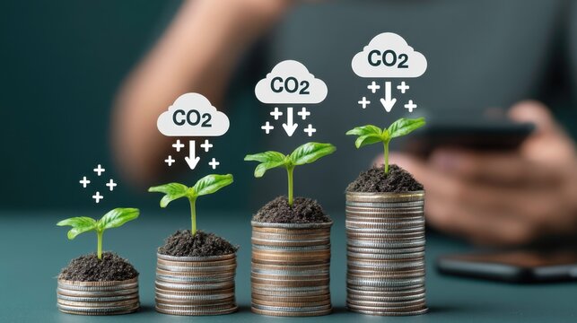 Growing plant seedlings on stacked coin columns with CO2 clouds depicting carbon footprint reduction and sustainable environmental growth concept with blurred background