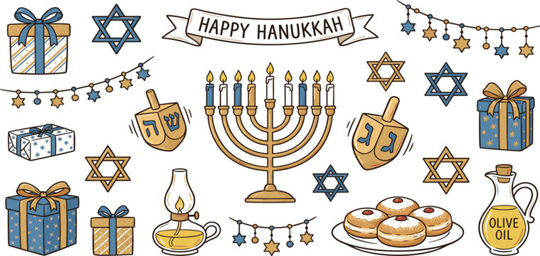 Hanukkah Celebration Illustration Set Featuring Menorah, Dreidels, Star of David, Gifts, Donuts, Olive Oil, and Jewish Holiday Decorative Elements
