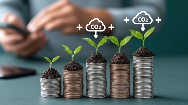 Growth of small green plant on increasing stacks of coins symbolizing investment in eco friendly sustainable environment and carbon dioxide reduction concept