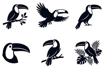 Obraz premium Black Toucan Bird Silhouette Icons with Tropical Jungle Leaves
