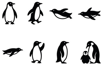 Obraz premium Black penguin silhouettes set in various poses and actions