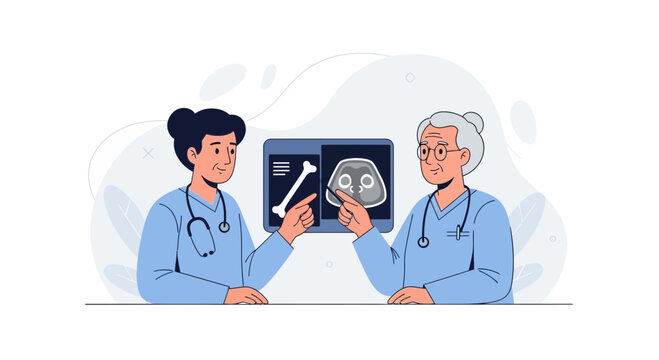 Doctors analyzing medical scans, bone and head x-rays, healthcare collaboration